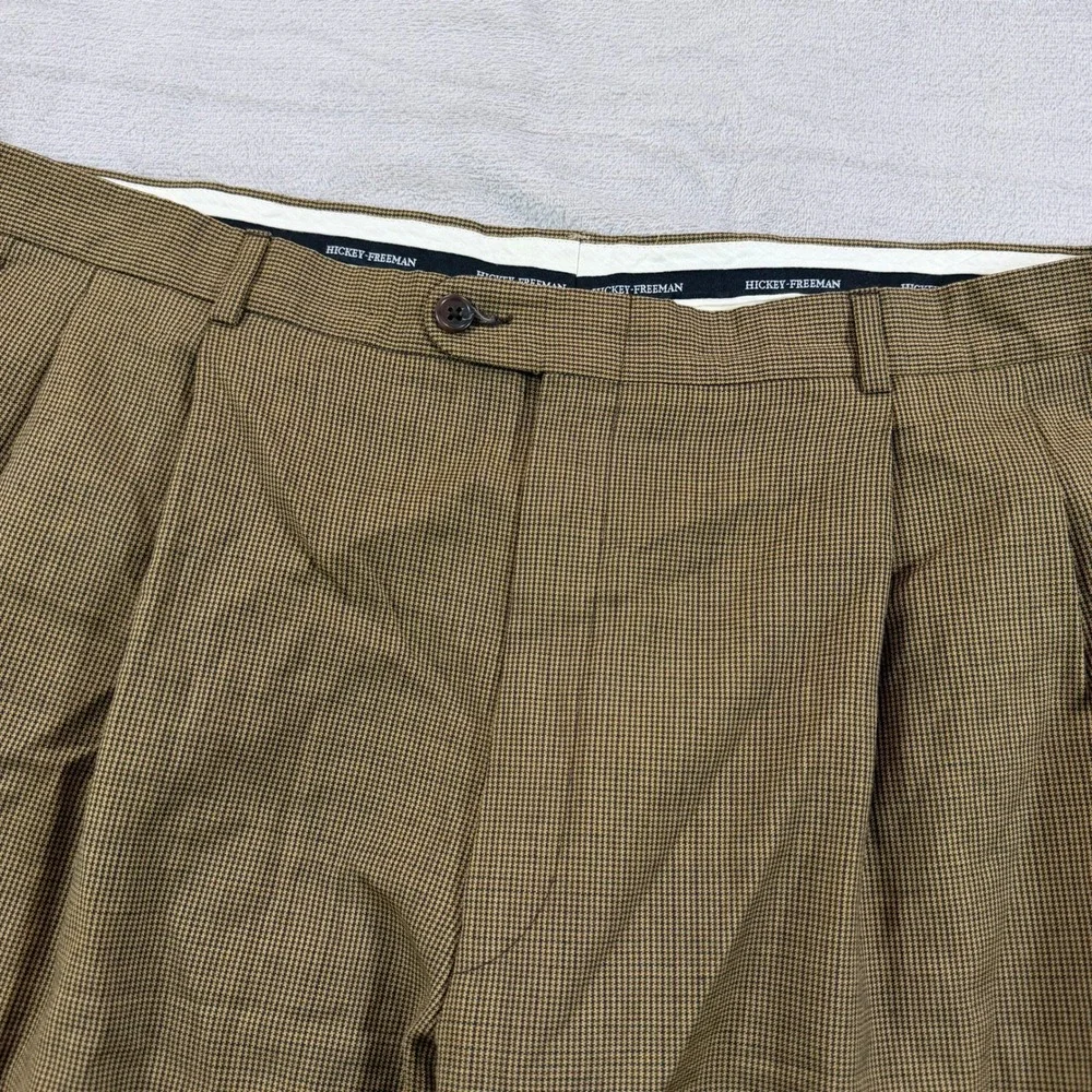 Vintage Hickey Freeman Mens 38x34 Brown Micro Check Pleated Wool Dress Pants EUC